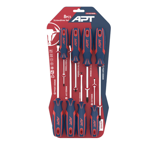 APT SCREW DRIVER SET APT-2 COLOR 8 PCS PP CARD SL6X150-4X100-3X75,PH2X150-2X125-1X100-1X75-0X75-540208 AH145074-8